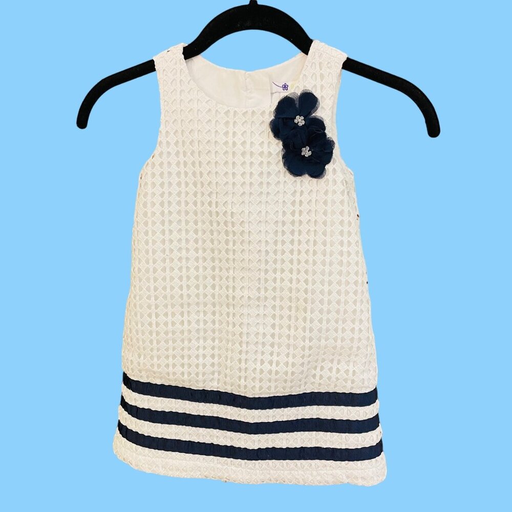 Shrinking Violet Girls White and Navy Blue Sleeveless Dress Size 4 w/ 3-D Flower